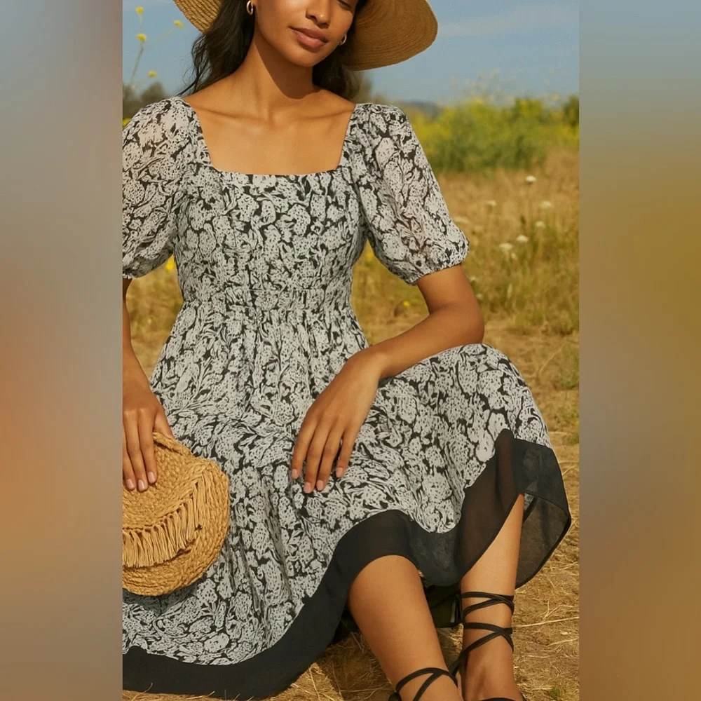 👗🌟Anthropologie Square Neck Smocked Midi Dress Boho Floral Black White XS 0 2 - Picture 10 of 12